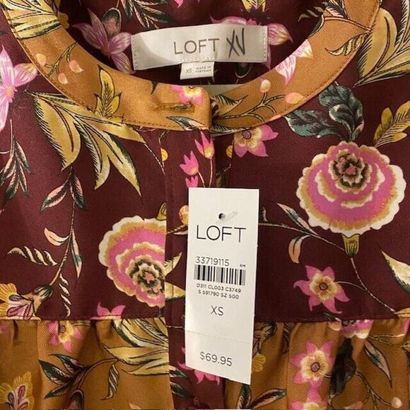 NEW with Tags LOFT Womens XS Floral Print Henley Blouse Tailored Silky Shirt - Picture 3 of 8